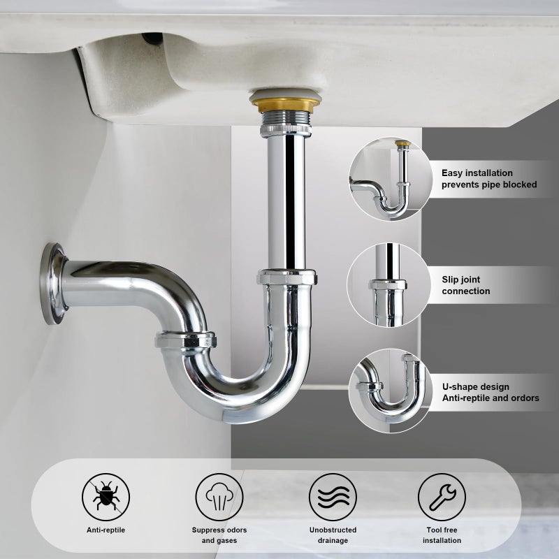 ZM Brass P-trap Pipe Basin Sink Waste Kit with Reducing Washer 1-1/2'' 22GA - Image 2